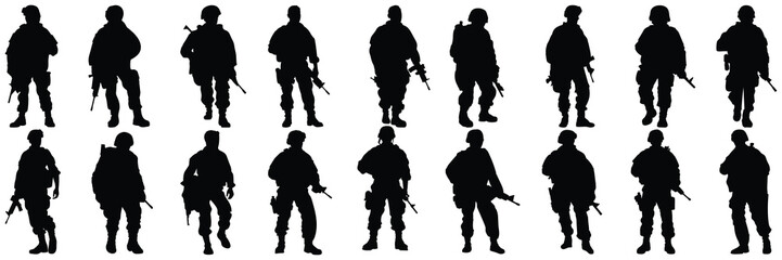 Soldier war army silhouettes set, large pack of vector silhouette design, isolated white background - obrazy, fototapety, plakaty