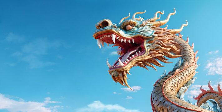 Closeup of Chinese dragon statue on blue sky background with copy space, Chinese style
