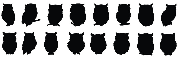Owl silhouettes set, large pack of vector silhouette design, isolated white background