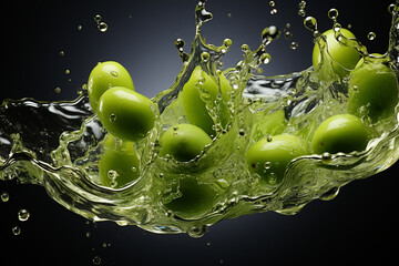 Olives fall in a splash of water and olive oil, leaves. Generative AI.