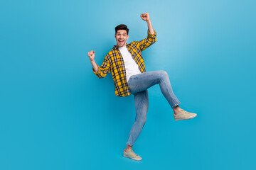 Full body photo of successful businessman raised fists up promoting come to his team arbitrage...