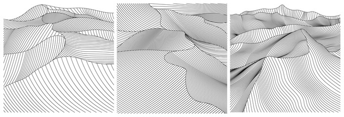Surreal desert landscape wallpapers set posters. Abstract desert background collection. Line with wavy lines isolate on white. © ARTSTOK