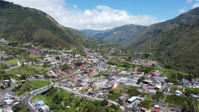 Ecuador, Banos, aerial drone flight above town surrounded by mountains Andes