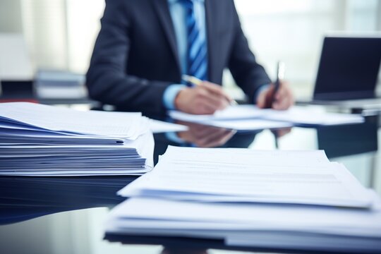 Step into the realm of employee performance reviews as a dedicated Human Resources manager meticulously organizes assessment files and forms on their desk