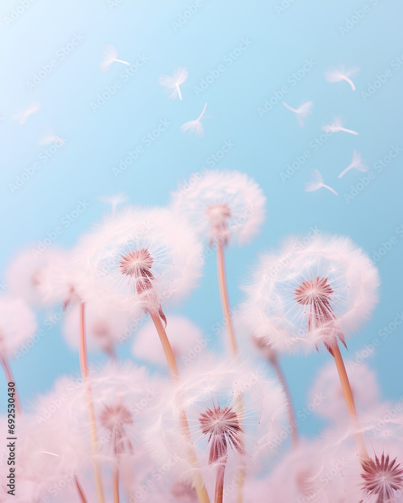 Poster a serene and visually appealing vertical background featuring dandelion fluff, perfect for social me