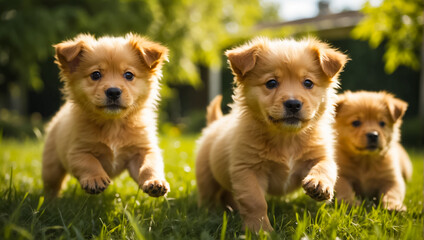 beautiful puppies on a lawn with grass on a sunny day - obrazy, fototapety, plakaty