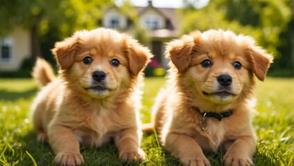 adorable puppies on a lawn with grass on a sunny day