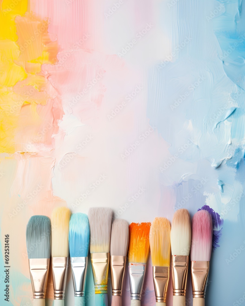 Poster aesthetic background adorned with an array of paint brushes and a palette of different colored paste