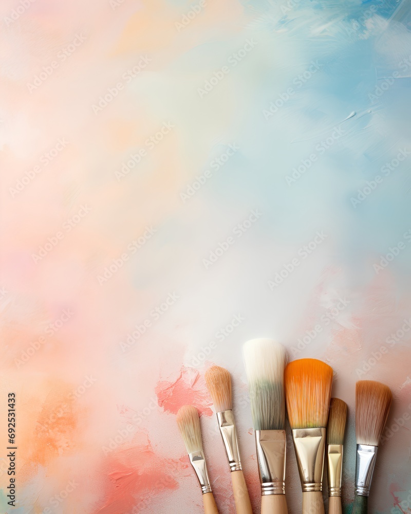 Poster aesthetic background adorned with an array of paint brushes and a palette of different colored paste