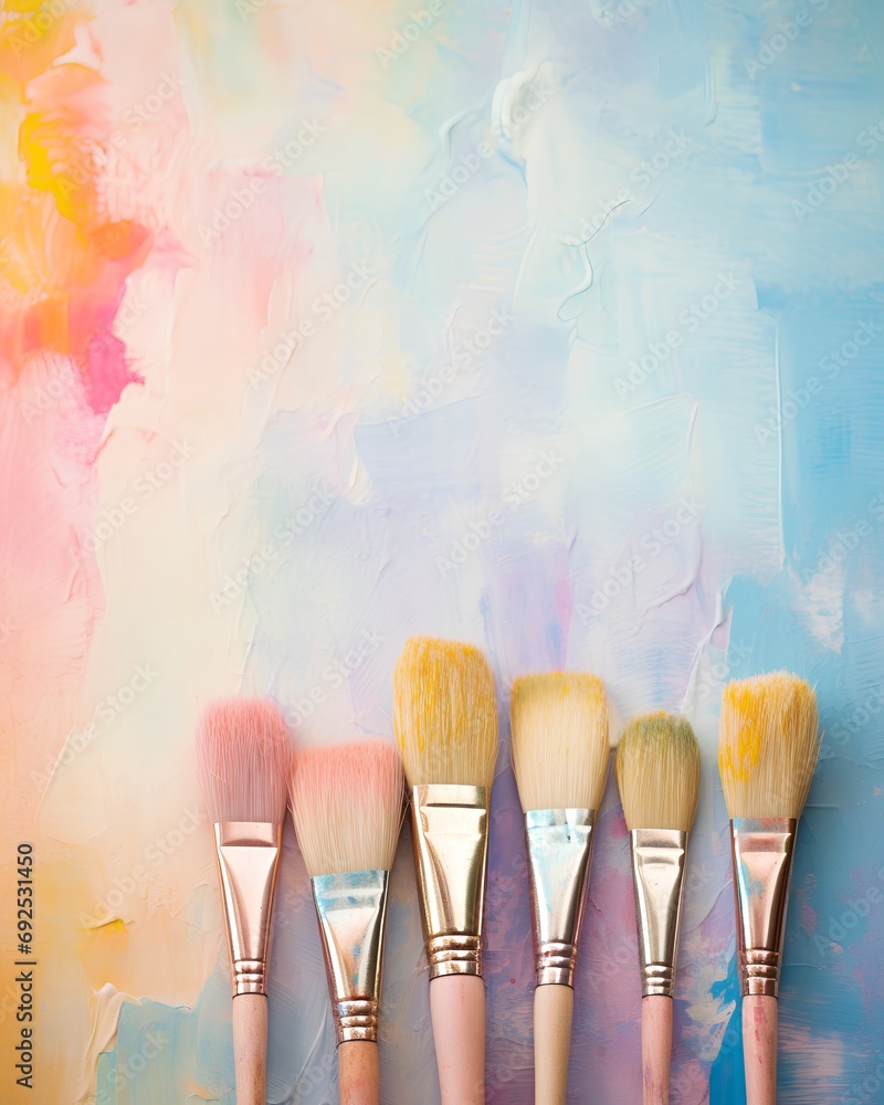 Poster aesthetic background adorned with an array of paint brushes and a palette of different colored paste