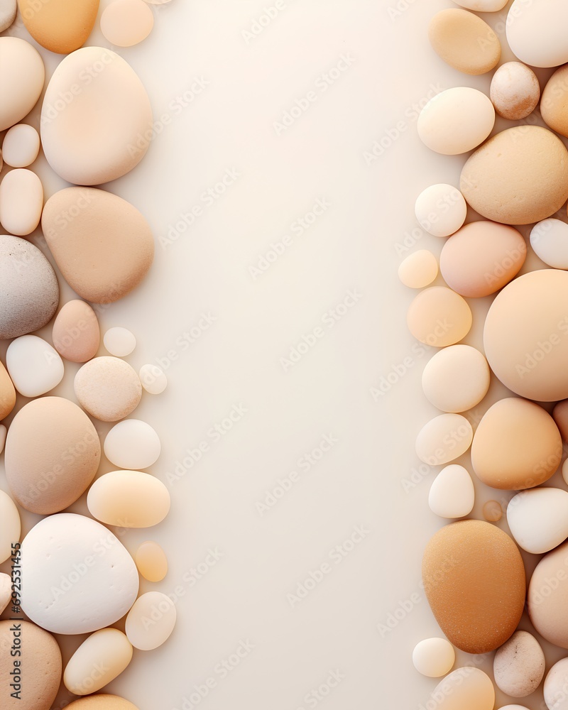 Poster aesthetic background featuring a collection of smooth pebbles in soft pastel colors, complemented by