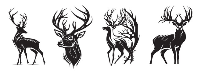 Deer silhouettes, black and white vector graphics, laser cutting, woodcut