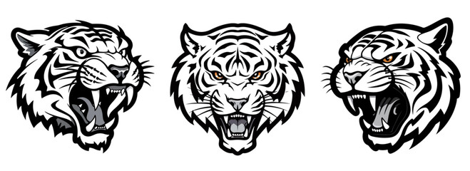Set of Tiger Heads, predatory dangerous cat, Siberian tiger, black and white vector graphics, silhouette laser cutting - obrazy, fototapety, plakaty