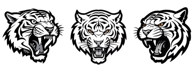 Foto op Aluminium Set of Tiger Heads, predatory dangerous cat, Siberian tiger, black and white vector graphics, silhouette laser cutting © Cris