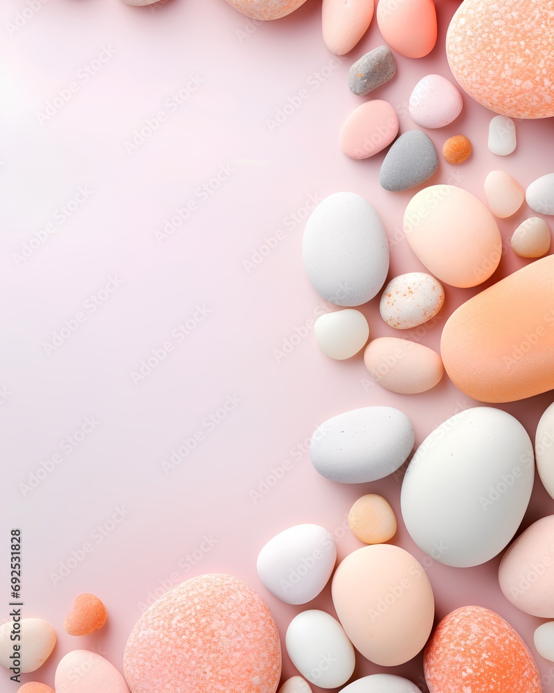 Poster aesthetic background featuring a collection of smooth pebbles in soft pastel colors, complemented by