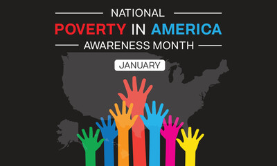 National Poverty in America Awareness design with multiple colorful open palm hand on black background. Vector illustration - obrazy, fototapety, plakaty