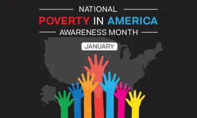 Fotobehang National Poverty in America Awareness design with multiple colorful open palm hand on black background. Vector illustration © Ranimi