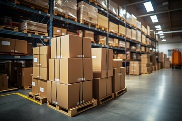 warehouse goods in cartons factory storage Shipping merchandise room Logistics background  - obrazy, fototapety, plakaty