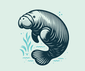 Manatee. Beautiful engraving icon, logo. Woodcut illustration, vector