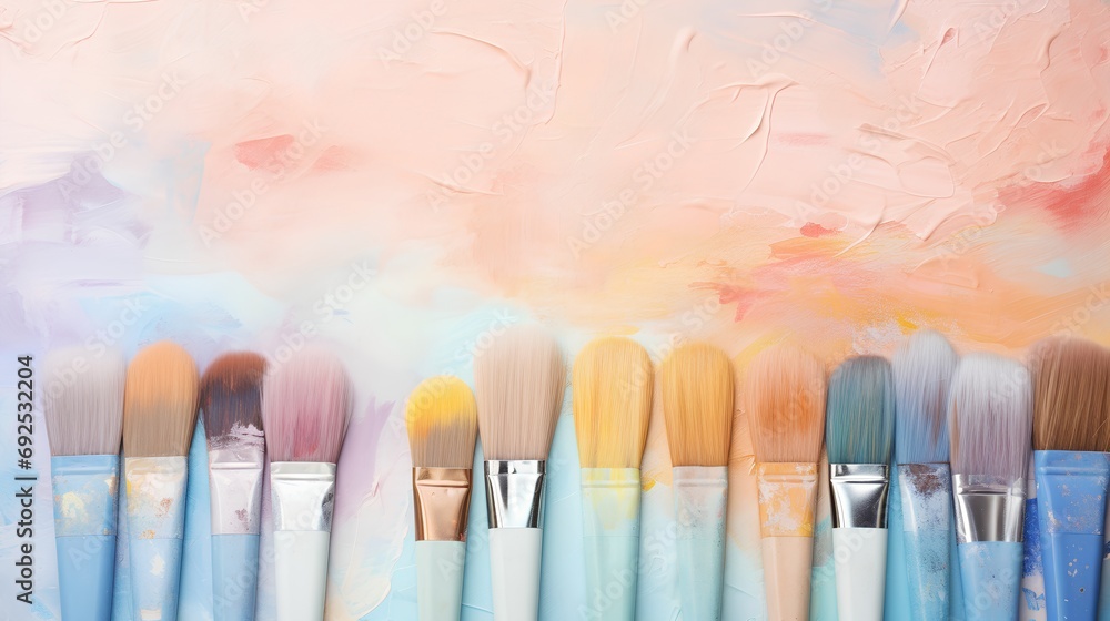Poster aesthetic background adorned with an array of paint brushes and a palette of different colored paste
