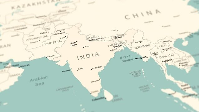 India on the world map. Smooth map rotation. 4K animation.