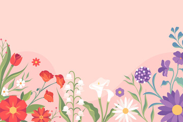 Hand drawn floral background with flower and plants on pink