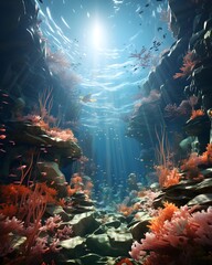 Underwater scene with corals and fish. 3d illustration.
