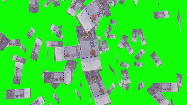 100 MALAYSIAN RINGGIT notes falling Green screen