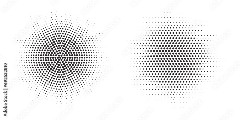 Poster Halftone circle frame dotted background set. Round border Icon using halftone random circle dots raster texture. Grunge circular stain. Vector illustration. 