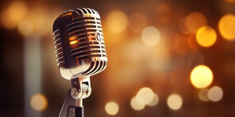 An antique microphone takes center stage, illuminated by bokeh lights