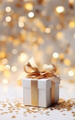 white gift box with a golden ribbon on a blurred xmas background