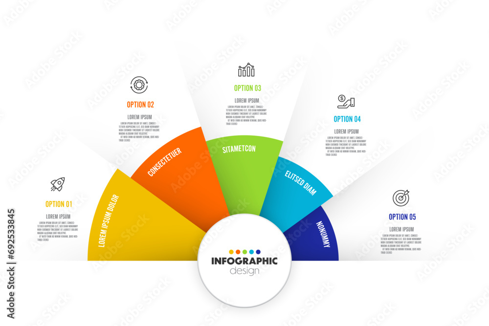 Aufkleber vector circle chart infographic template colorful flat style with 5 options for presentations. conce