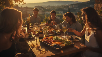 Young people celebrate in a vineyard at a rustic table set with cheese, wine, bread and sausage in...