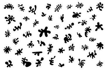 Set of different shapes of drops, spots. Black liquid stains isolated on white background.