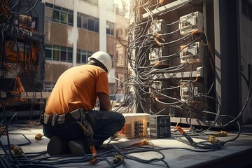 Step into the world of residential electrical installations as a skilled electrician meticulously installs wiring in a building. This realistic photo showcases the electrician's expertise as cables