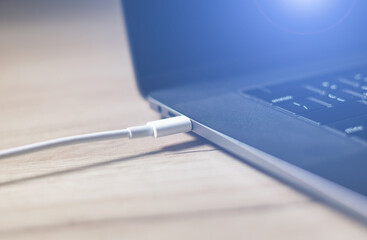 USB Type C Port Cable for fast charging laptop. Close up photo.