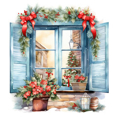 Fototapeta na wymiar Watercolor illustration of a Christmas window in holiday decoration on a white background
