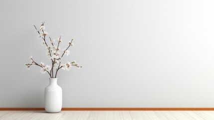 Empty white wall mock up with blooming branches in a vase, copy space or free place for text