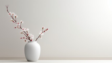 Empty white wall mock up with blooming branches in a vase, copy space or free place for text