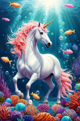 Obraz na płótnie Canvas Unicorn horse in the deep sea, beautiful coral, bright colors. ai generative