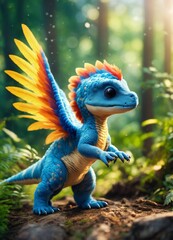 an adorable and fluffy baby dinosaur, with feathers and wings, stripes, forest, bright sky, with...