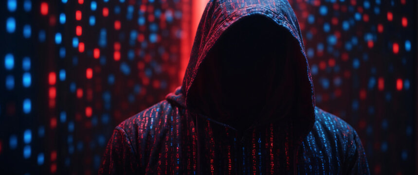 person in a mask masked hacktivist Concept of cybercrime: botnets, dark web, phishing, cybercriminal networks, cybercriminal tools, cyberheists, cyberbullying, cyberstalking, online harassment, data 