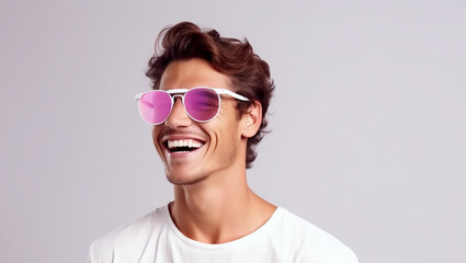 A man in glasses laughs at the camera. Happy and cheerful guy smiling. Eyewear advertising.
