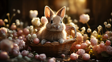 Fototapeta na wymiar Adorable Bunny in Basket Surrounded by Spring Flowers