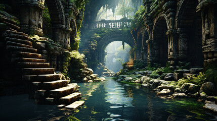 Generative AI. Serene ancient ruin, overgrown with greenery, reflected in calm waters