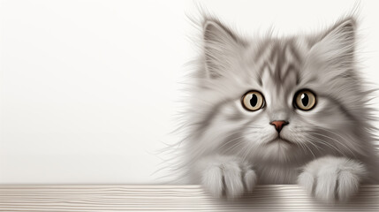 Fluffy Grey Kitten Peeking Over Table with Wide Eyes