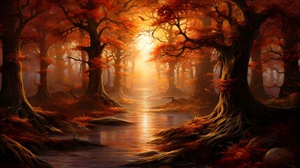 Beautiful autumn forest at sunset, 3d rendering. Computer digital drawing.