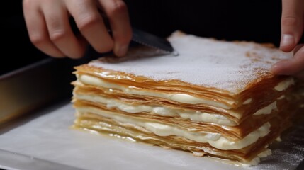 chef skillfully assembling layers for a classic French millefeuille generative ai - obrazy, fototapety, plakaty
