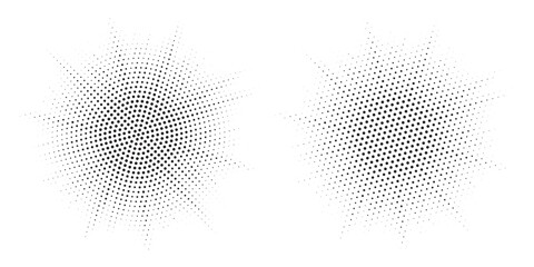 Obraz premium Halftone circle frame background set. Round border Icon using halftone random circle. Grunge circular stain. Vector illustration. 