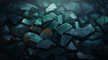Generative AI. Dark, textured rock wall with vibrant, turquoise minerals - obrazy, fototapety, plakaty